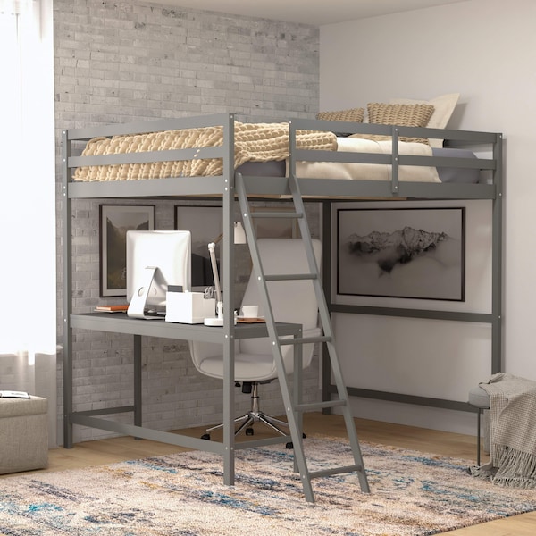 Flash Furniture Riley Loft Bed Frame w/Desk, Full Size Wooden Bed Frame w/Guard Rails & Ladder - Light Gray MH-LBD5-LGY-F-GG - main